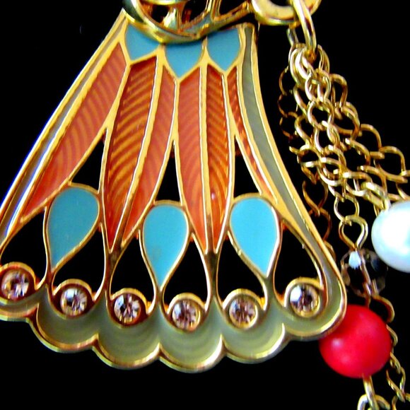 Gold tone enamel, bead & rhinestone hummingbird pendant signed MW - 7" length! - Picture 5 of 12